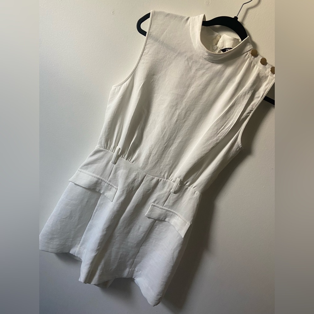 Zara Cream Sleeveless Mini Dress with Gold Button Detail